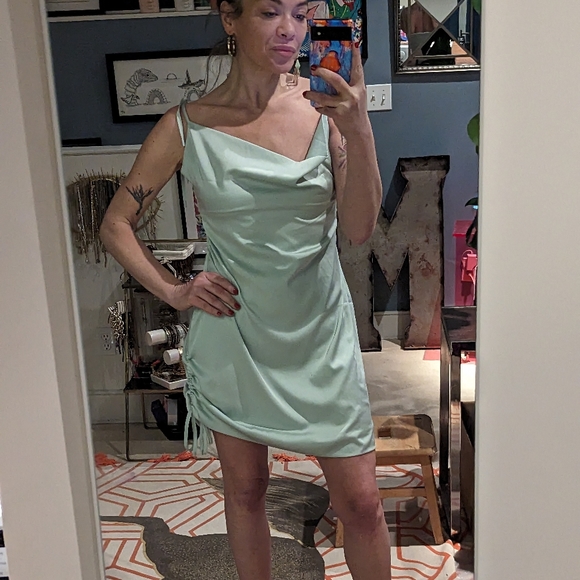 Wilfred Only Ruched Mini Slip Dress Cowl Neck Satin Side Drawstring Mint Sz M - Picture 6 of 13